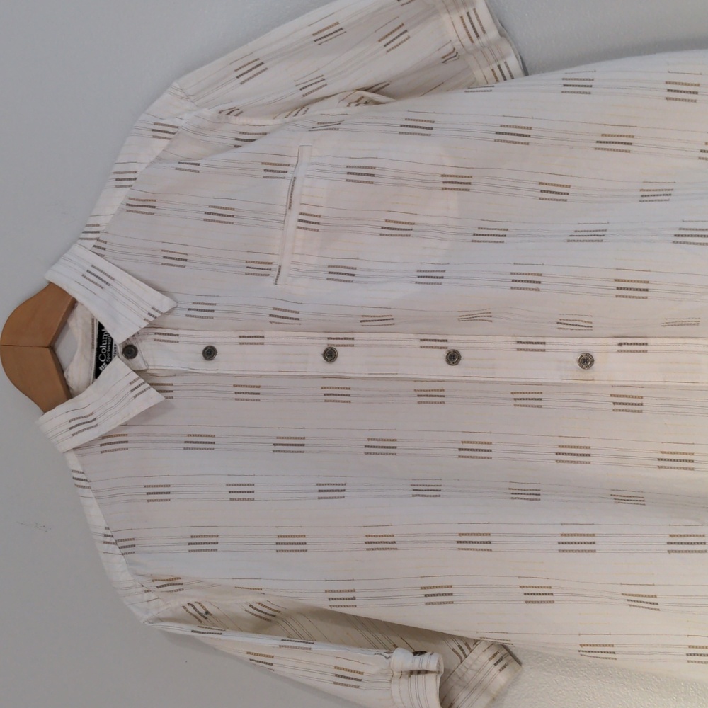 Columbia Button Up Shirt Mens XL Short Sleeve White Brown Stitching Outdoor